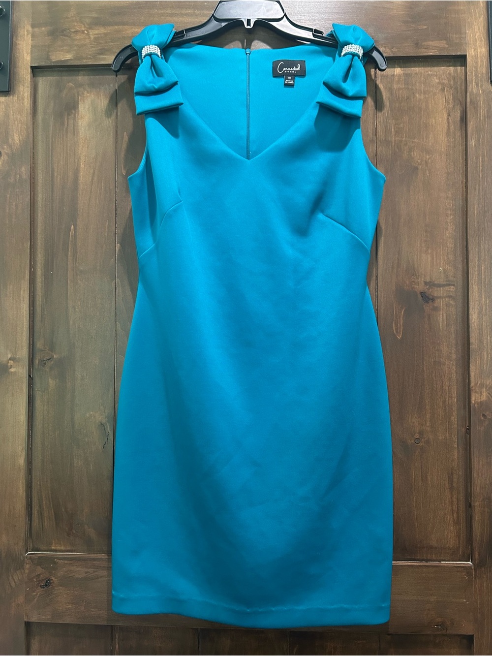 M359 Connected apparel Teal Bow-Shoulder Sheath Dress Sz 10